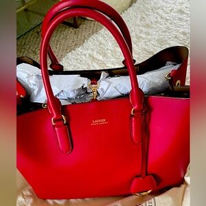LAUREN BY RALPH LAUREN  RED LEATHER BAG WITH TOP HANDLES,  PREOWNED